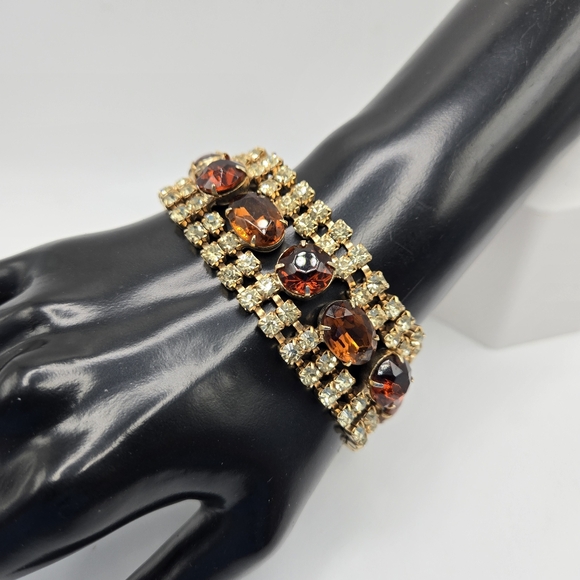 Vintage Rhinestone Bracelet Rootbeer Champagne Chunky Statement 1950s Gilded Age - Picture 1 of 4